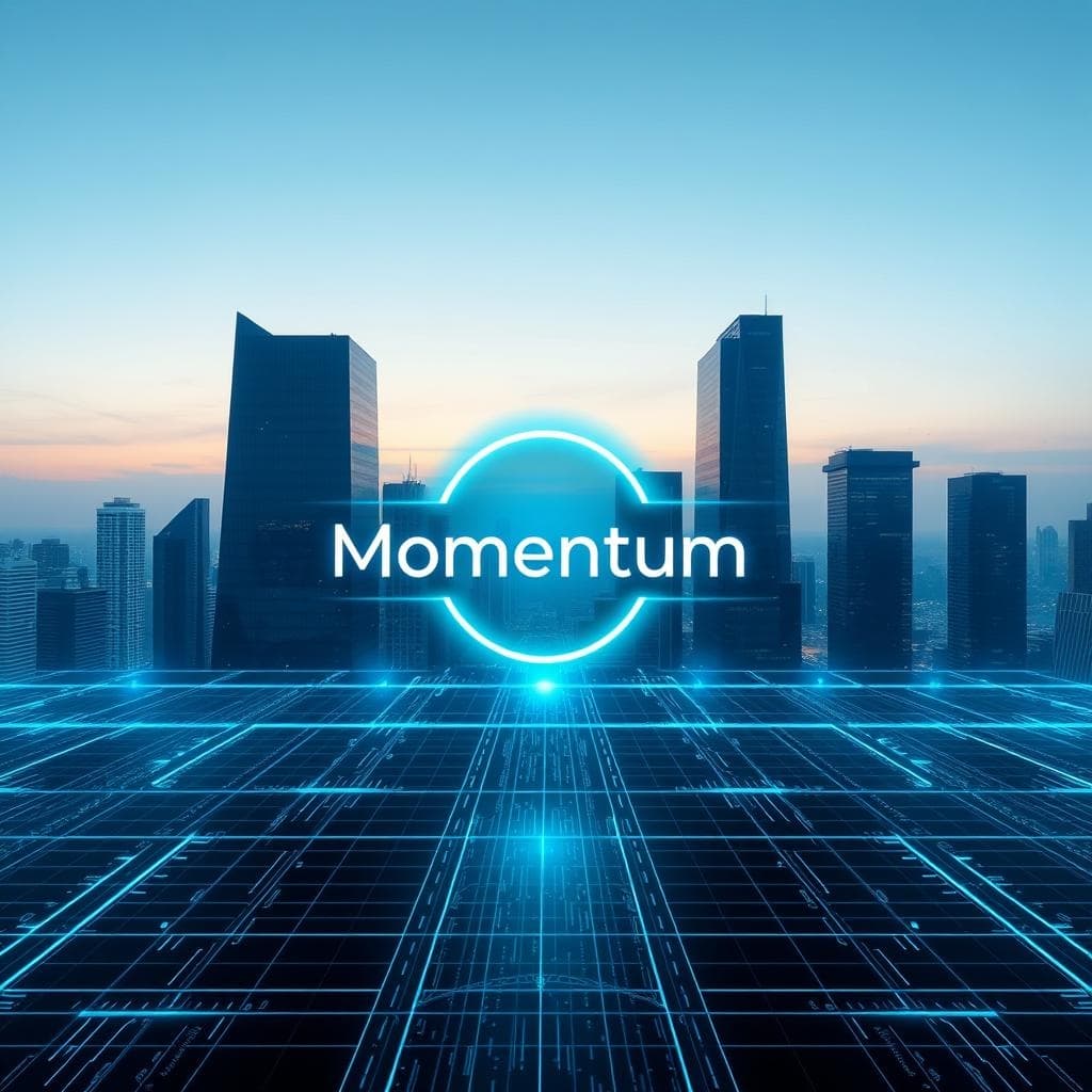 Distant city skyline rising above an illuminated blue grid.
